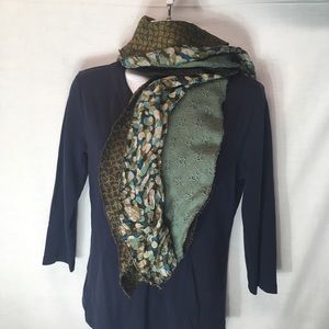 Four layered scarf.  Teal, olive, grey accents